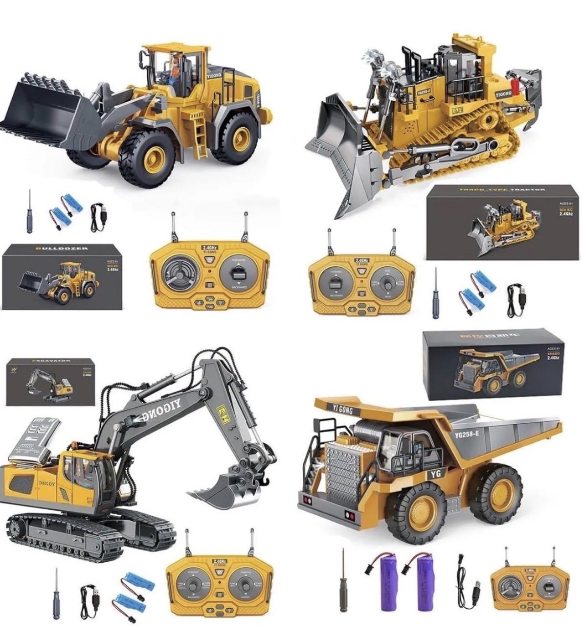 2.4Ghz RC Construction Set of 4 – Excavator, Dump Truck, Loader, Bulldozer, Ligh