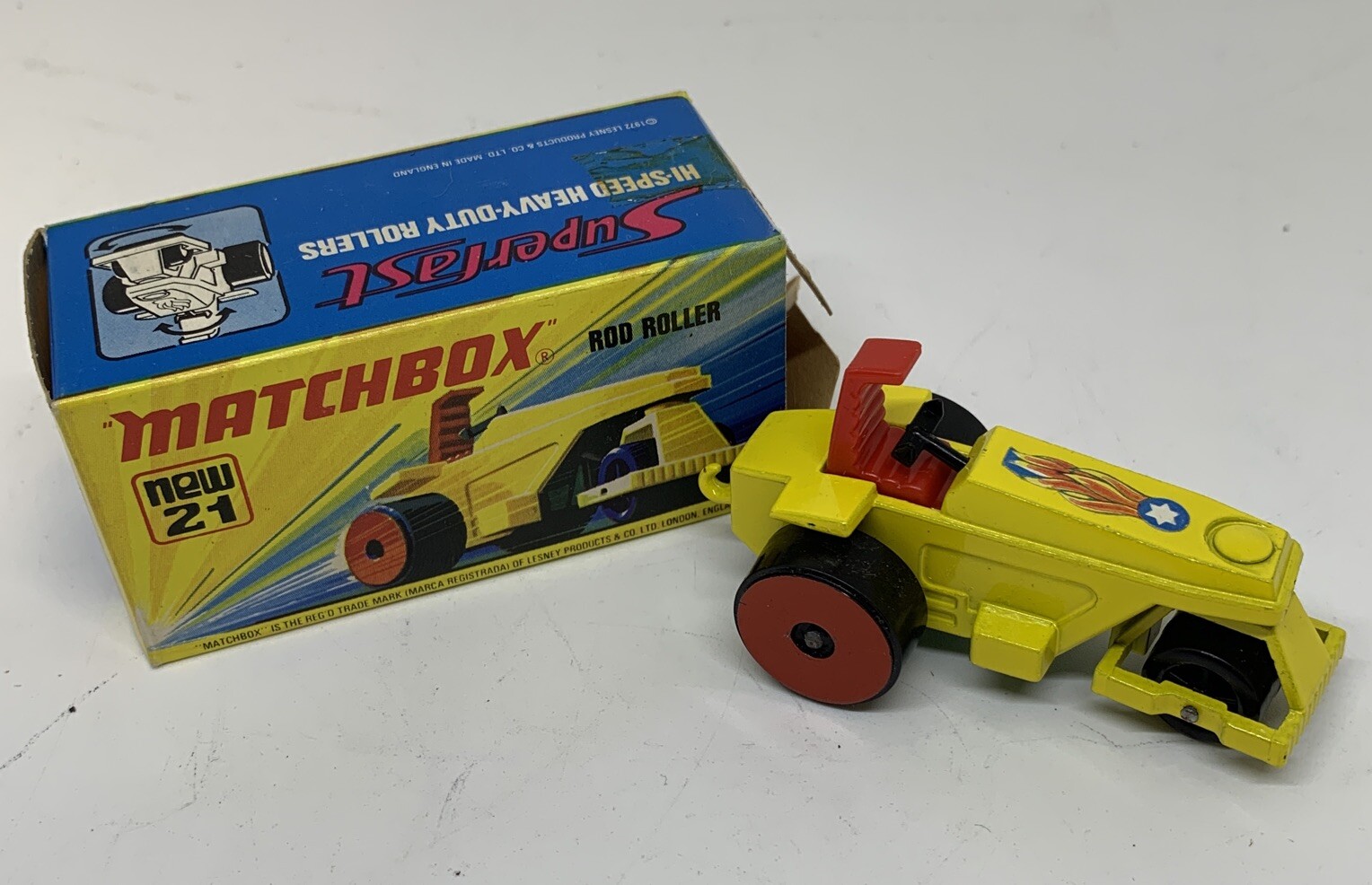 Matchbox Superfast No.21 Rod Roller Yellow Red Wheels Green Base Flame Label “I”