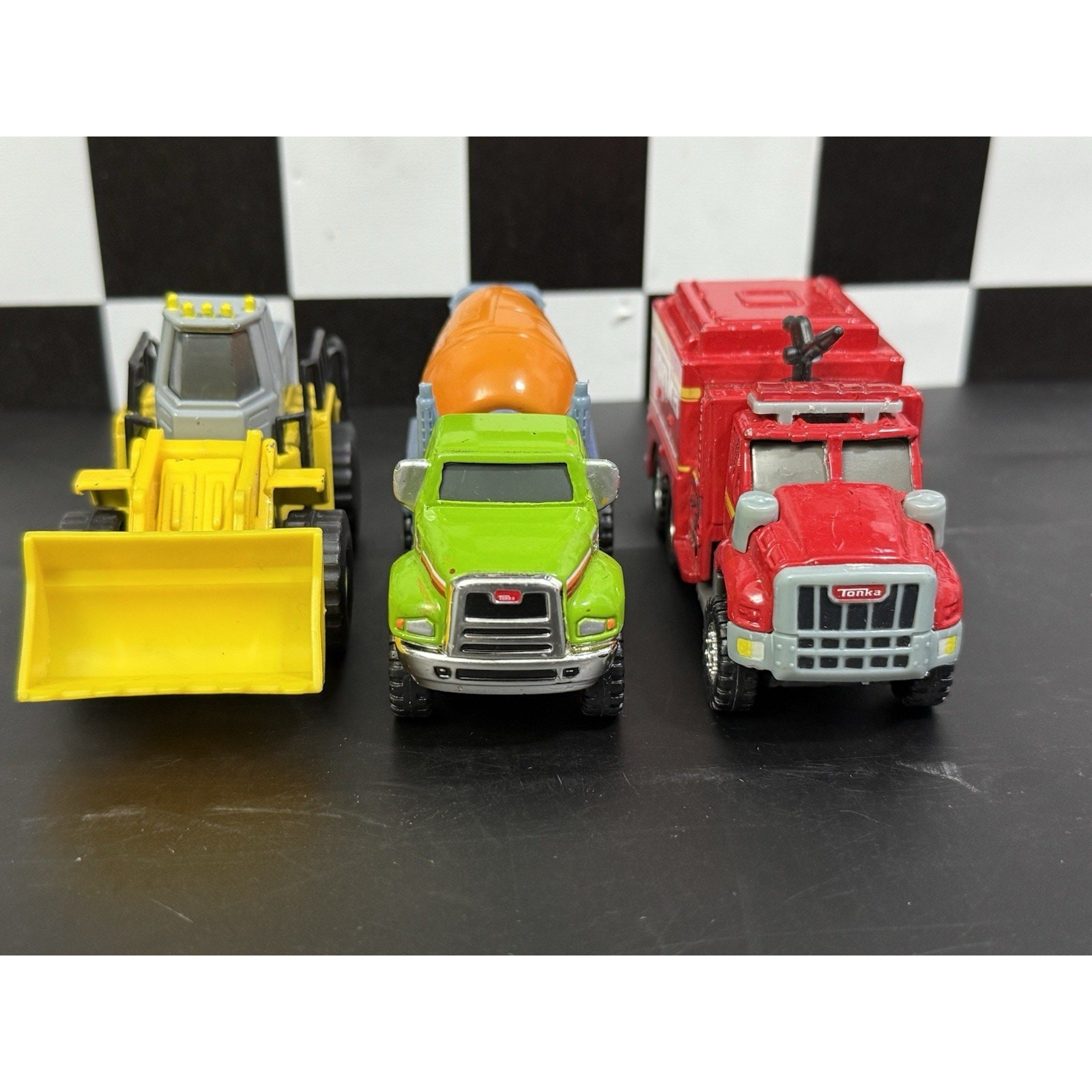 Tonka Lot of 3 Construction Trucks Cement Mixer, Bulldozer, Fire Truck