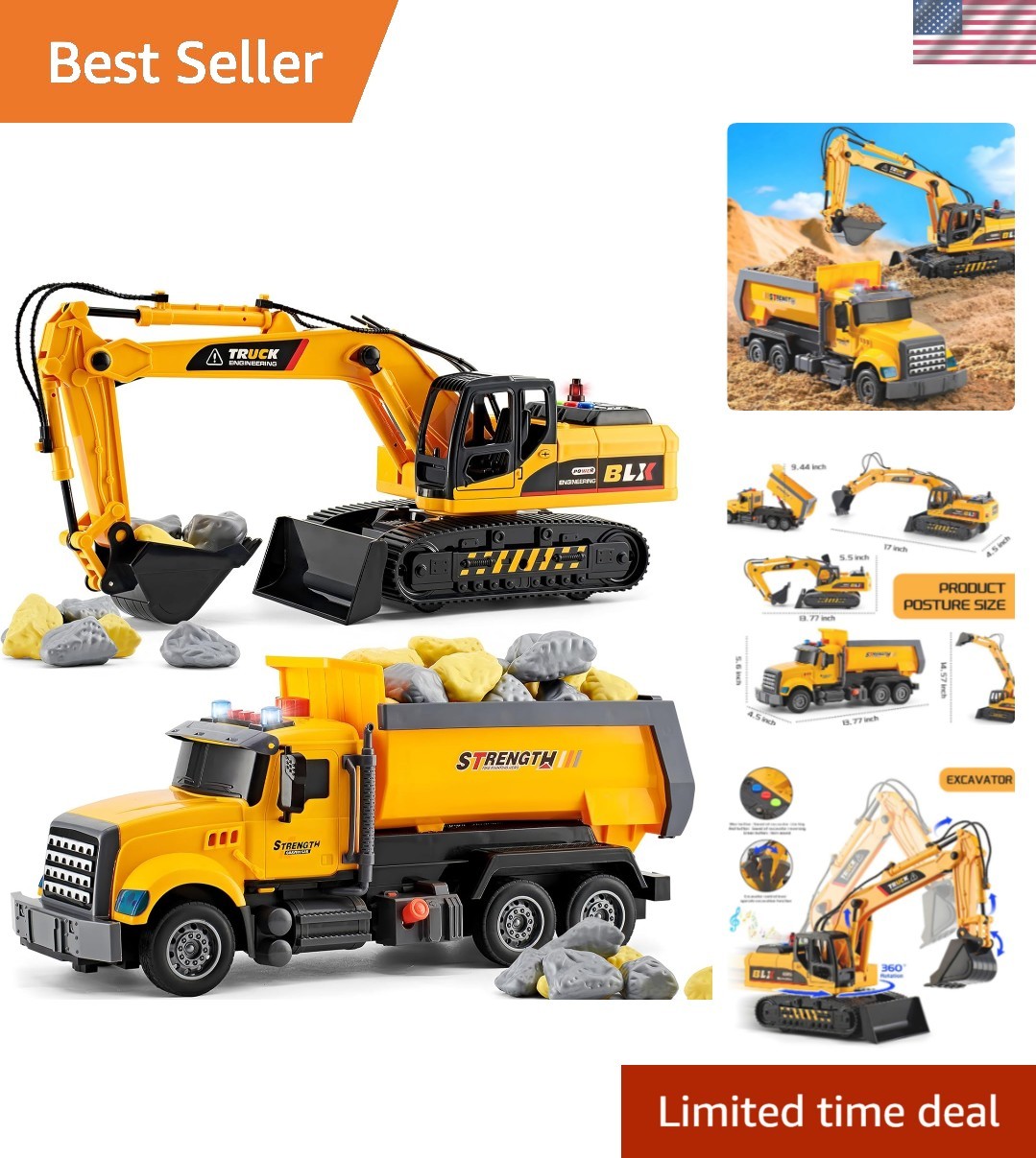 2 Pack Large Construction Engineering Truck Toys,Moveable Claw Excavator & Li…