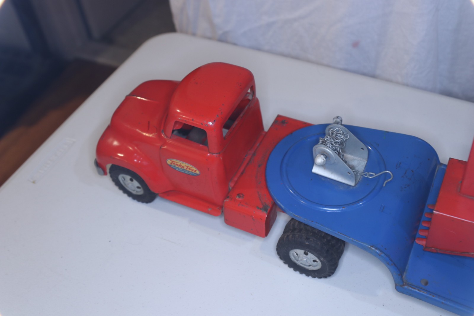 Vintage 1955 Tonka 120-5 Shovel Carry-All Lowboy Trailer & Steam Shovel Red