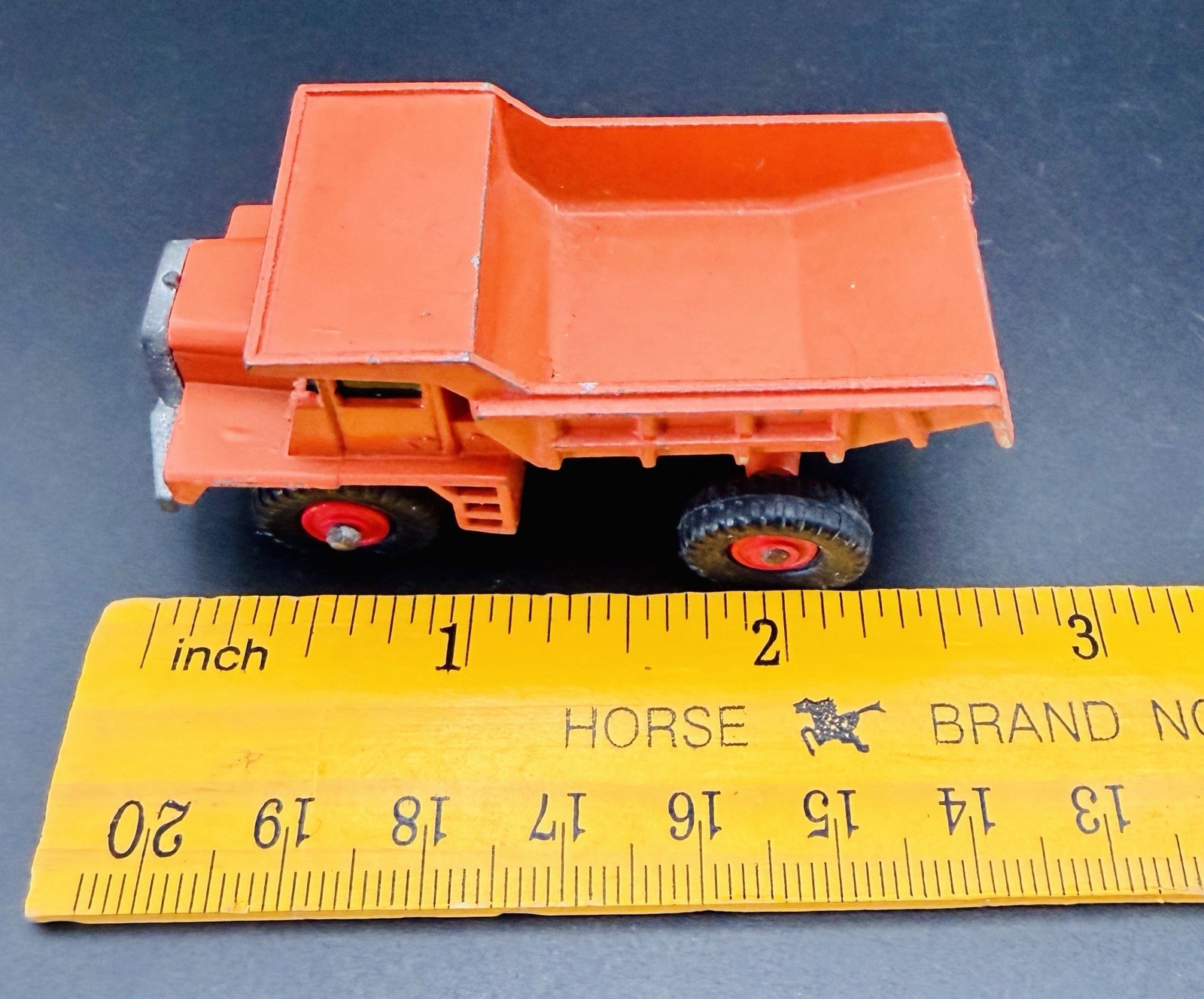 Vintage 1968 Lesney Matchbox #28 Orange Mack Dump Truck Red Hubs Diecast