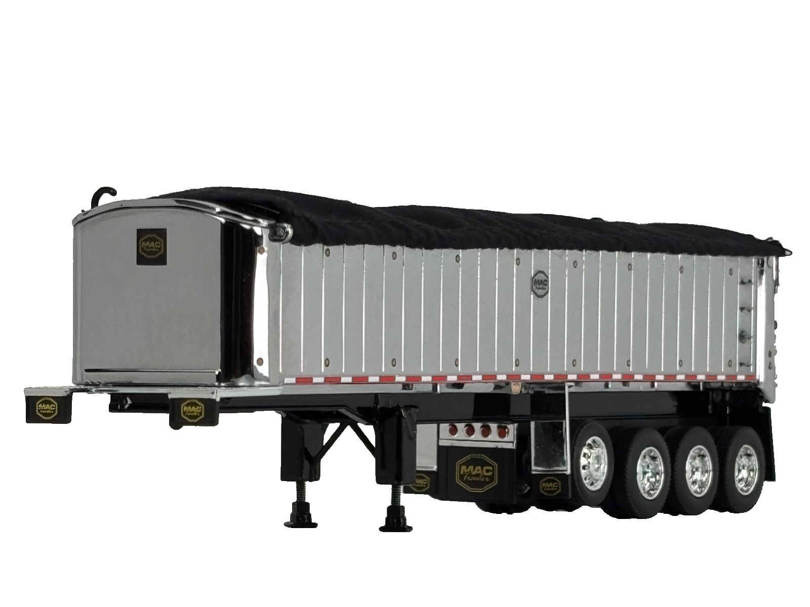 1/64 DCP CHROME/BLACK MAC QUAD AXLE END DUMP TRAILER W/ BLACK TARP