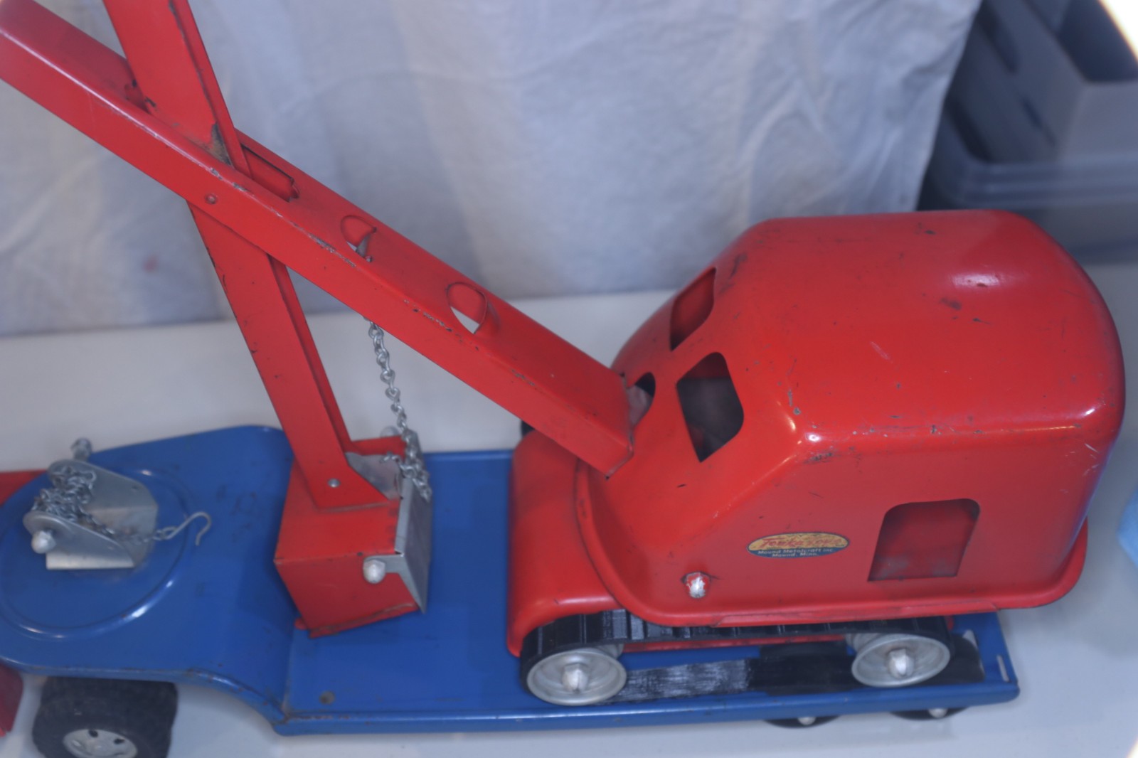 Vintage 1955 Tonka 120-5 Shovel Carry-All Lowboy Trailer & Steam Shovel Red
