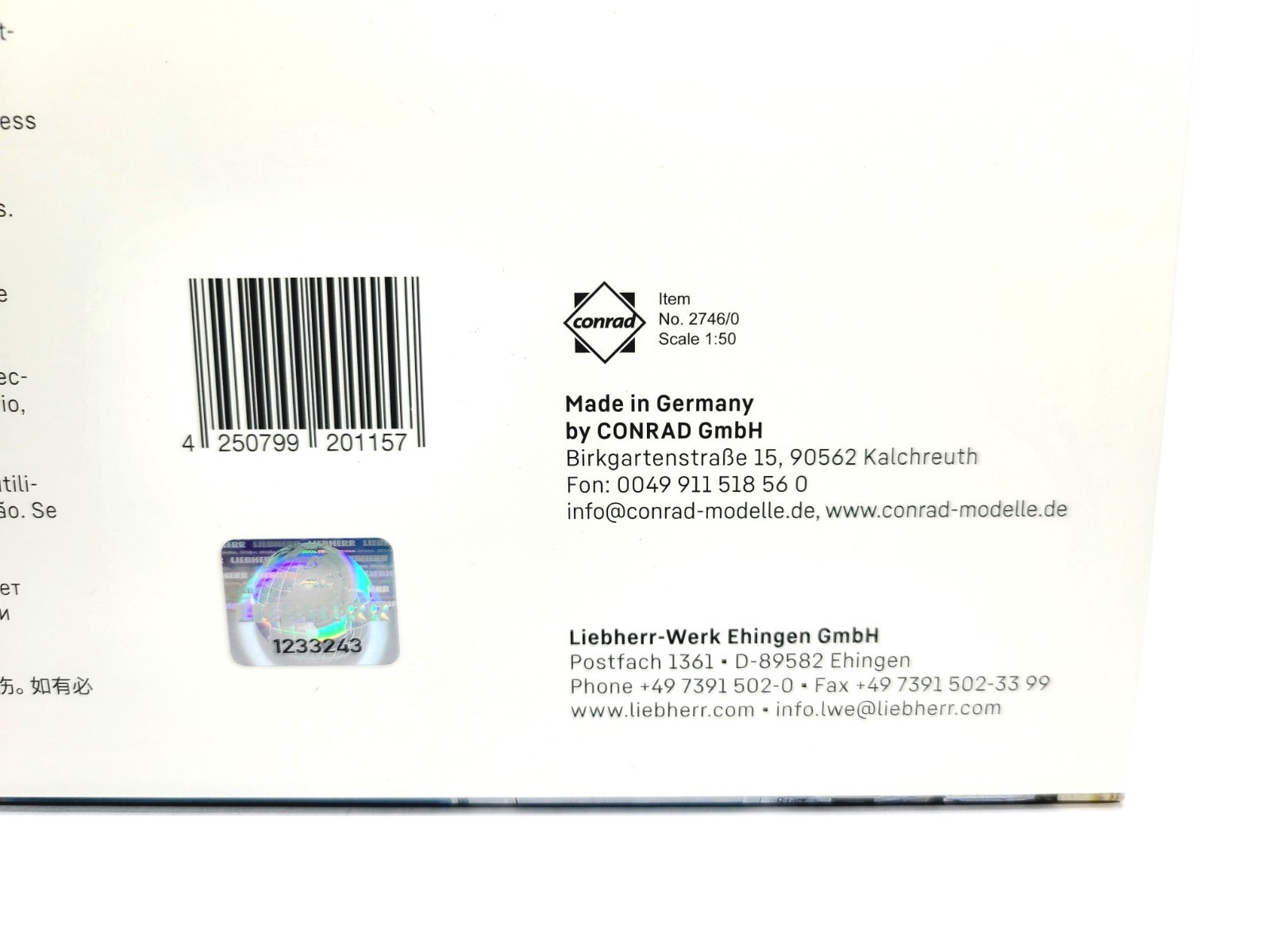 Liebherr LTR 1220 Telescopic Crawler Crane – Conrad 1:50 Scale Model #2746/0 New
