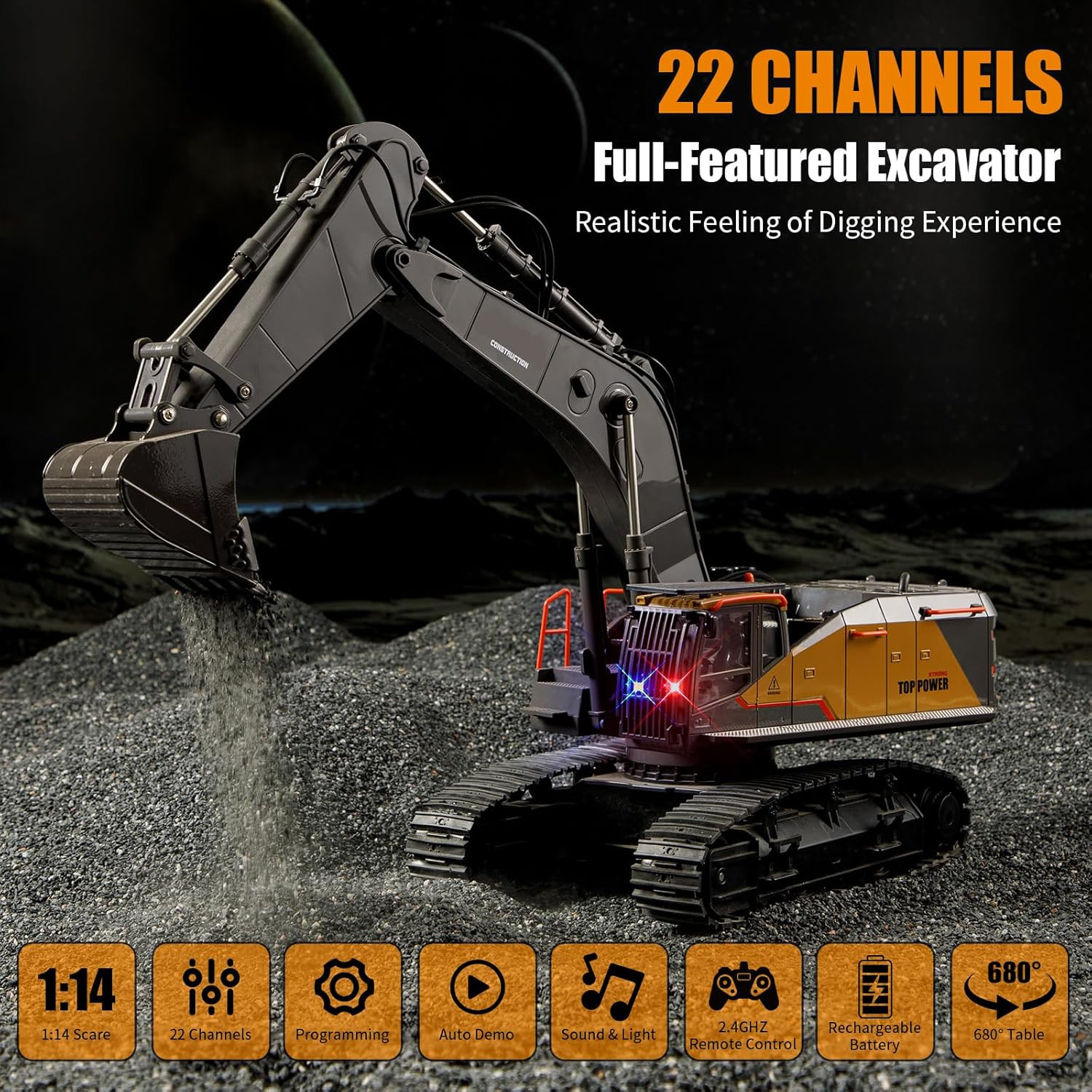 20.4 Inch 22 Channels Remote Control Excavator Truck 1/14 Scale Metal Shovel Ind