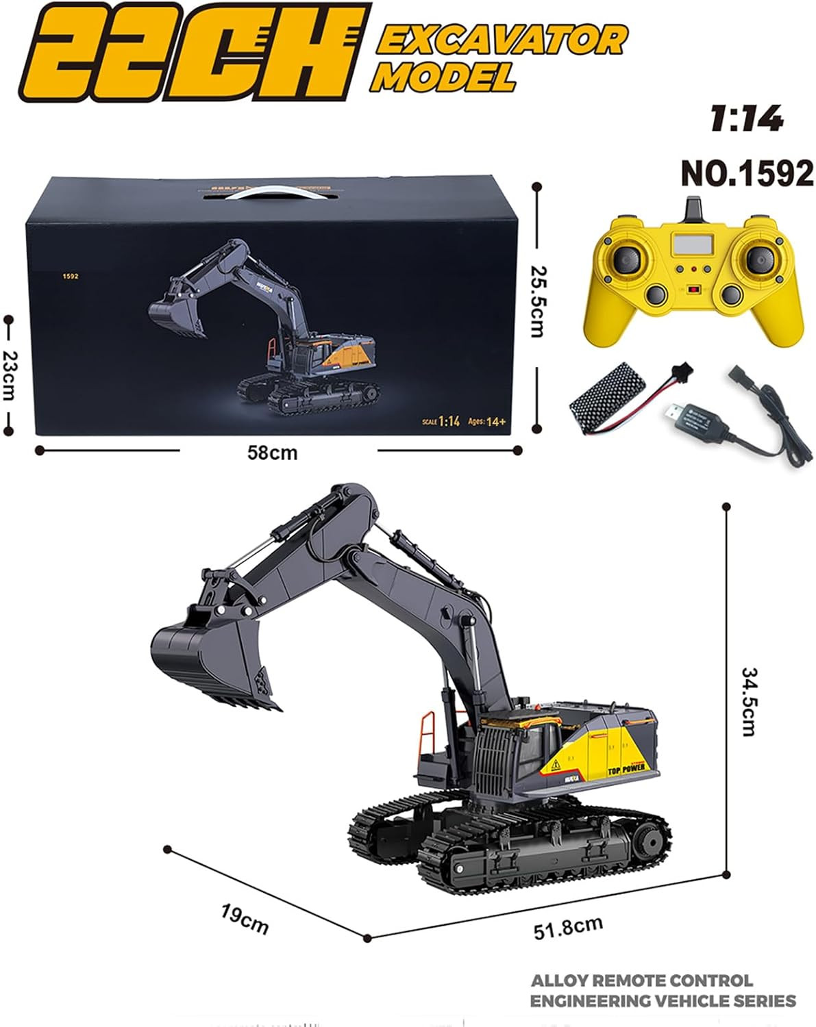 20.4 Inch 22 Channels Remote Control Excavator Truck 1/14 Scale Metal Shovel Ind