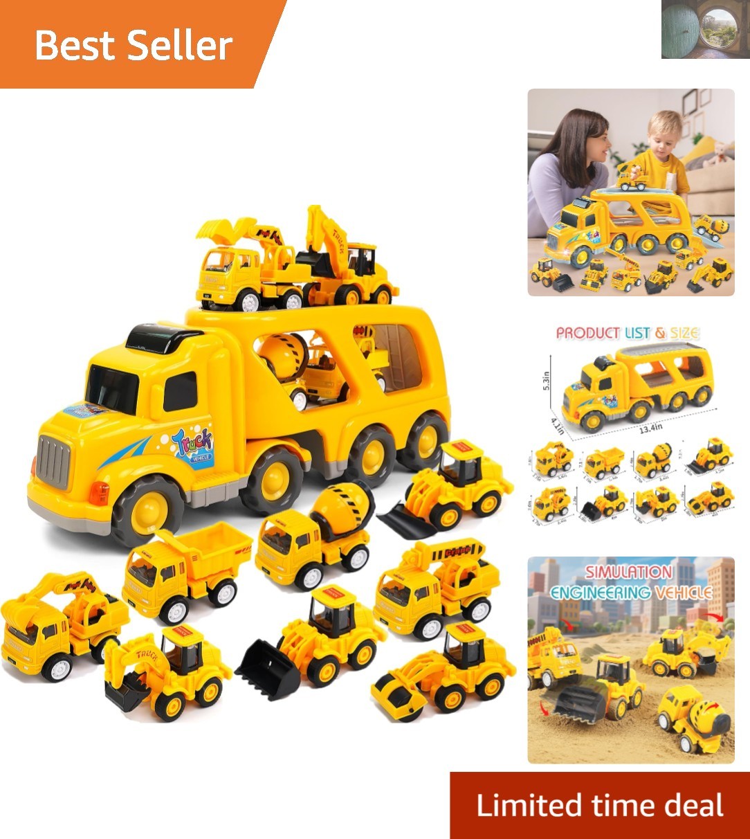 Interactive 9-in-1 Construction Vehicles with Sounds for Toddlers Ages 3-6