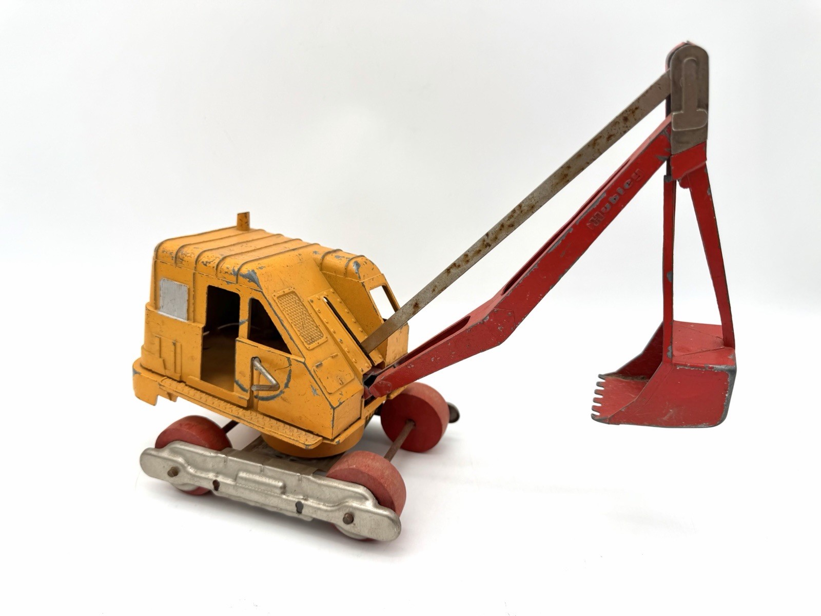 Vintage Hubley Pressed Steel Crane Excavator Wood Wheels Toy