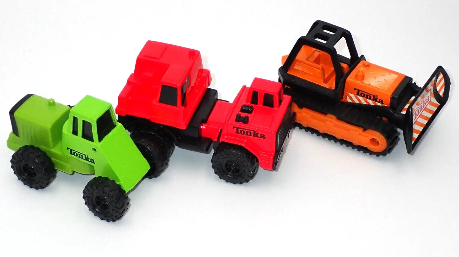 Tonka Mini Bulldozer McDonalds Lot of 3 Toys Green Red Orange Dozer Loose