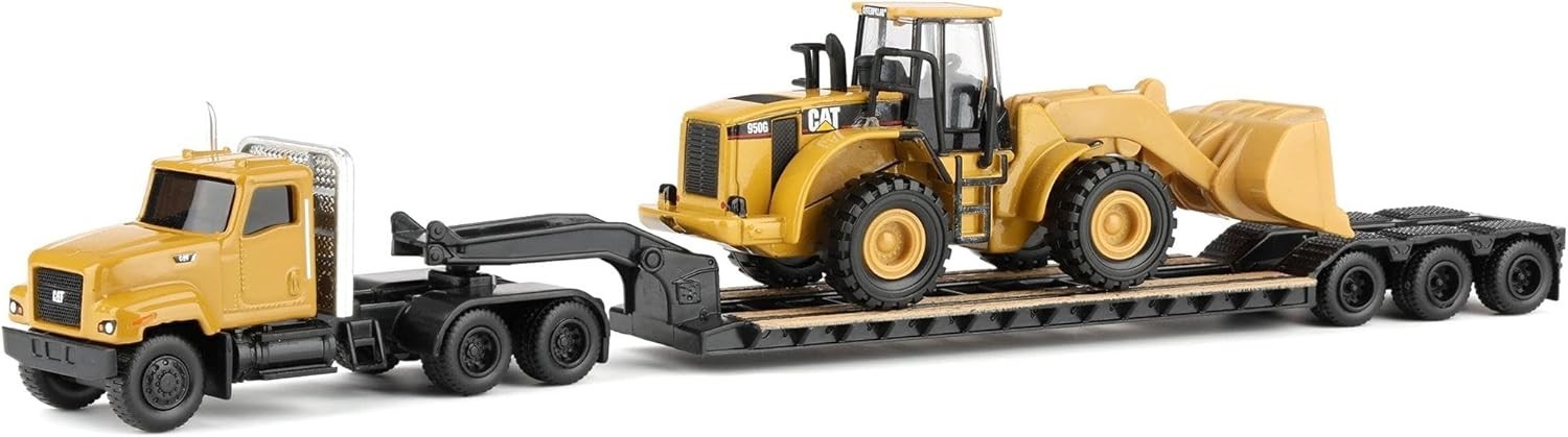 Authentic 1/87 Caterpillar Day Cab with Lowboy Trailer & 950G Wheel Loader Model
