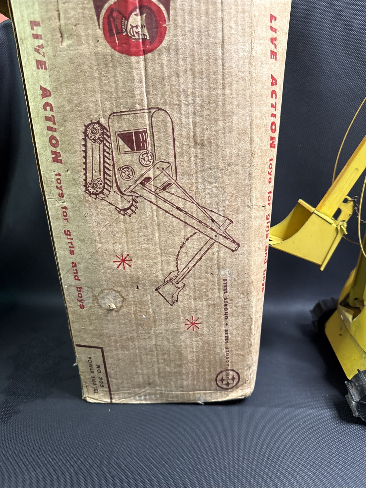 Vintage 1960s Structo Power Shovel Drag Line Crane Yellow Steel w/ Original Box