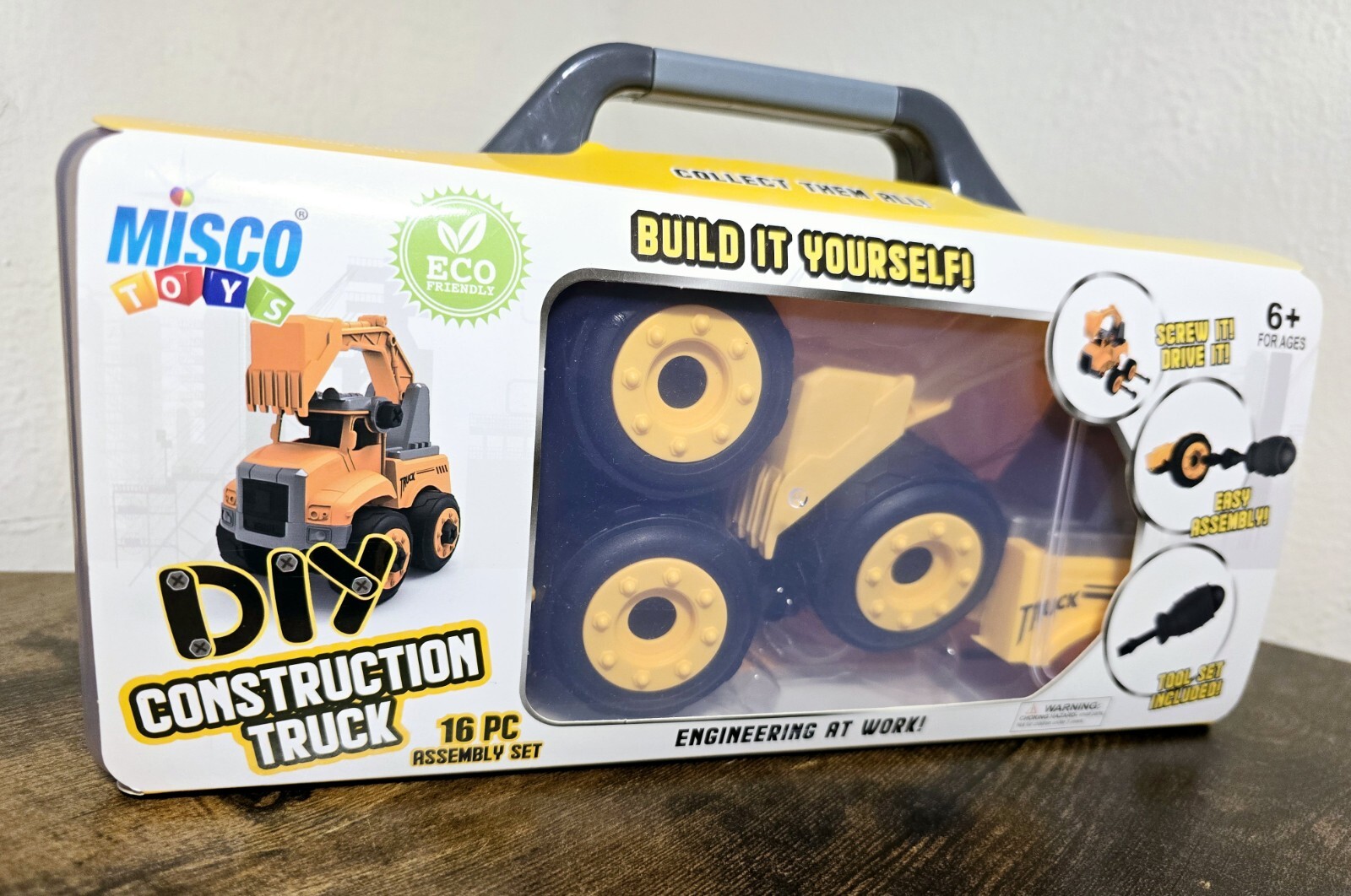 Misco Toys Yellow Construction Work Truck Hard Plastic 16 Pcs 6 + Ages New