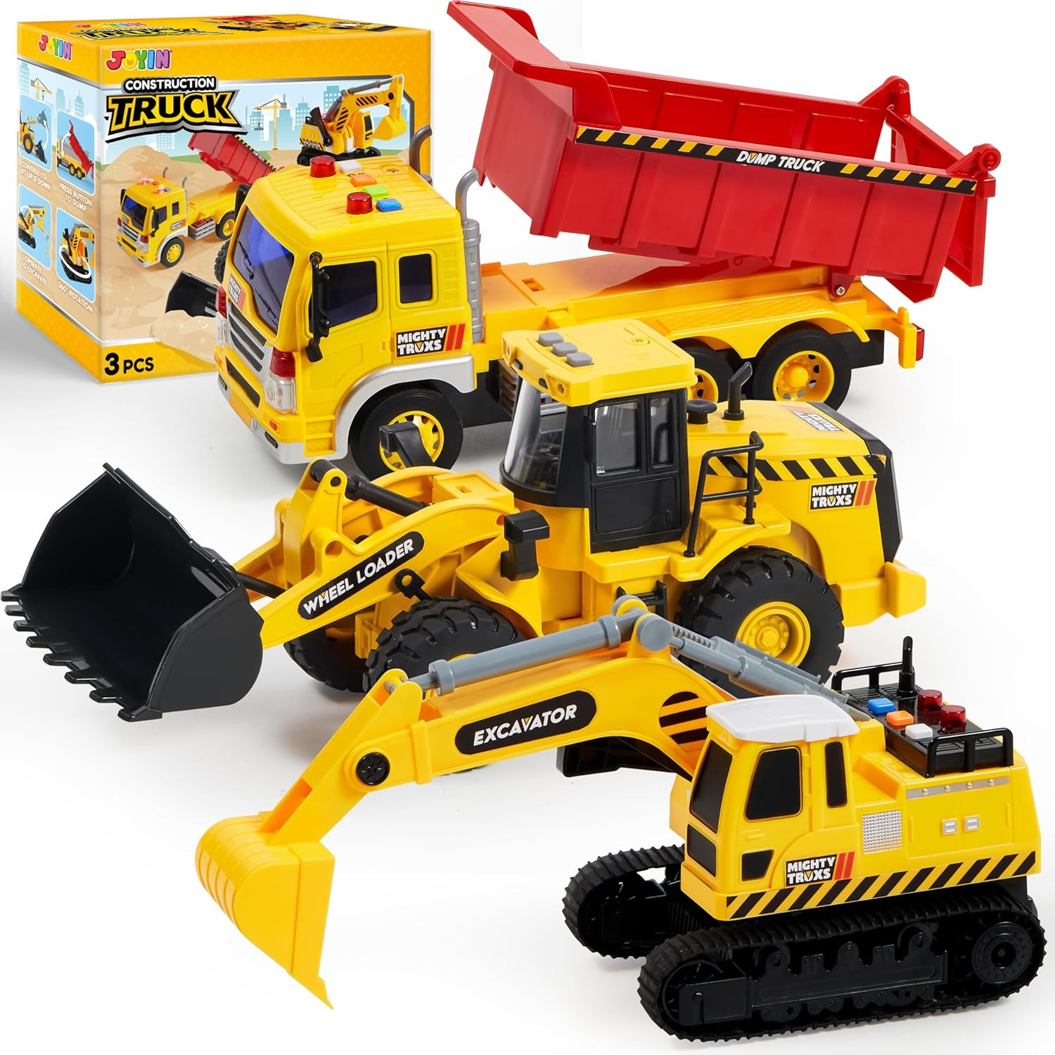 3 Pack Construction Truck Toy Set Excavator Dump Truck Loader Lights Sounds Kids