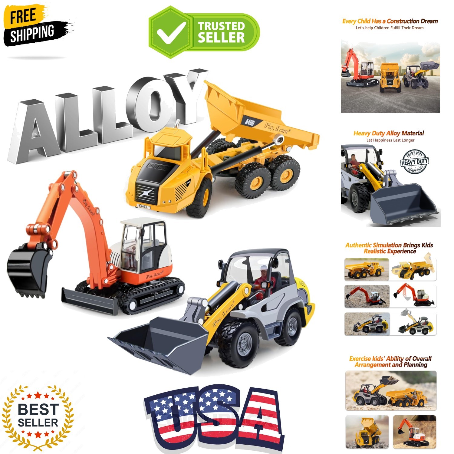 Heavy Duty Construction Site Playset, Metal Dump Truck, Excavator Digger Back…