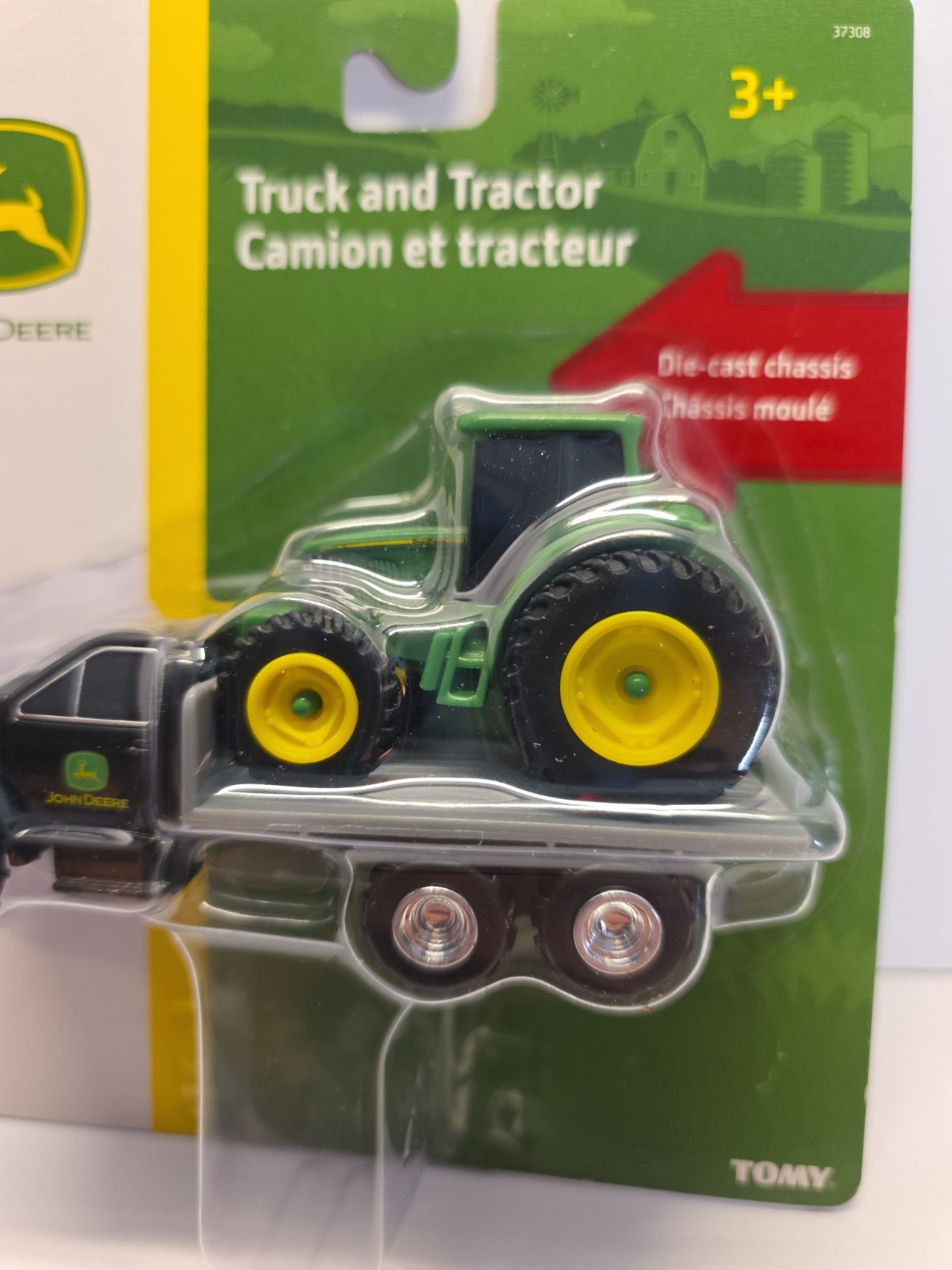 Tomy 37308 1:64 Scale John Deere Black Truck & Green Tractor W/Die Cast Chassis