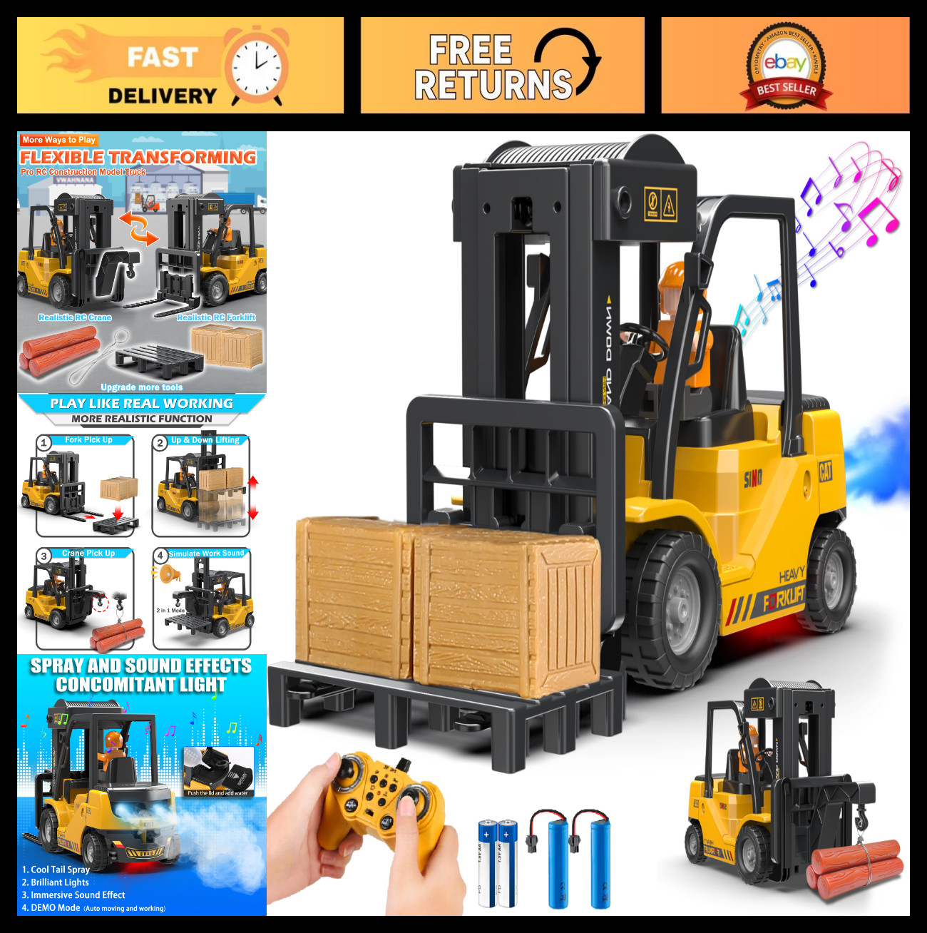 2-in-1 RC Forklift Truck Toy – Remote Control Lift & Hook, 11 Channels, Lights,