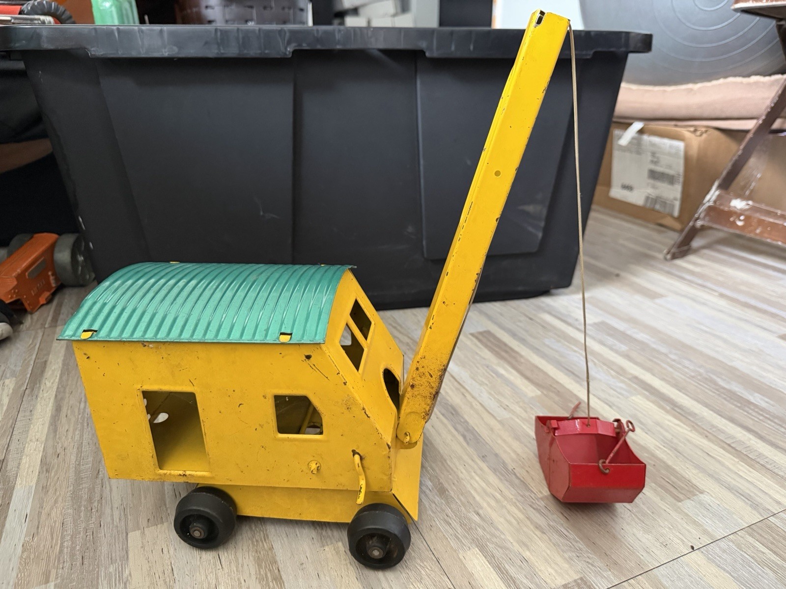 Pressed Steel Vintage Crane Toy Yellow Green Red Diecast Construction Vehicle