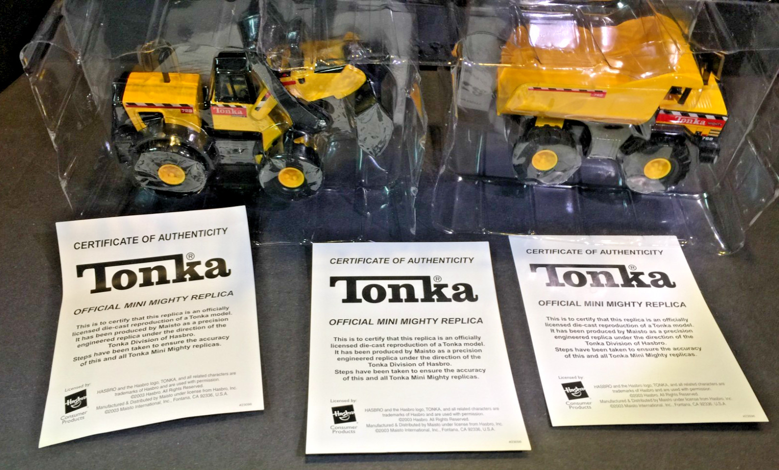 2003 Hasbro Tonka 3 Mini Mighty Replicas Crane, Front Loader, Dump W/COAs NEW!