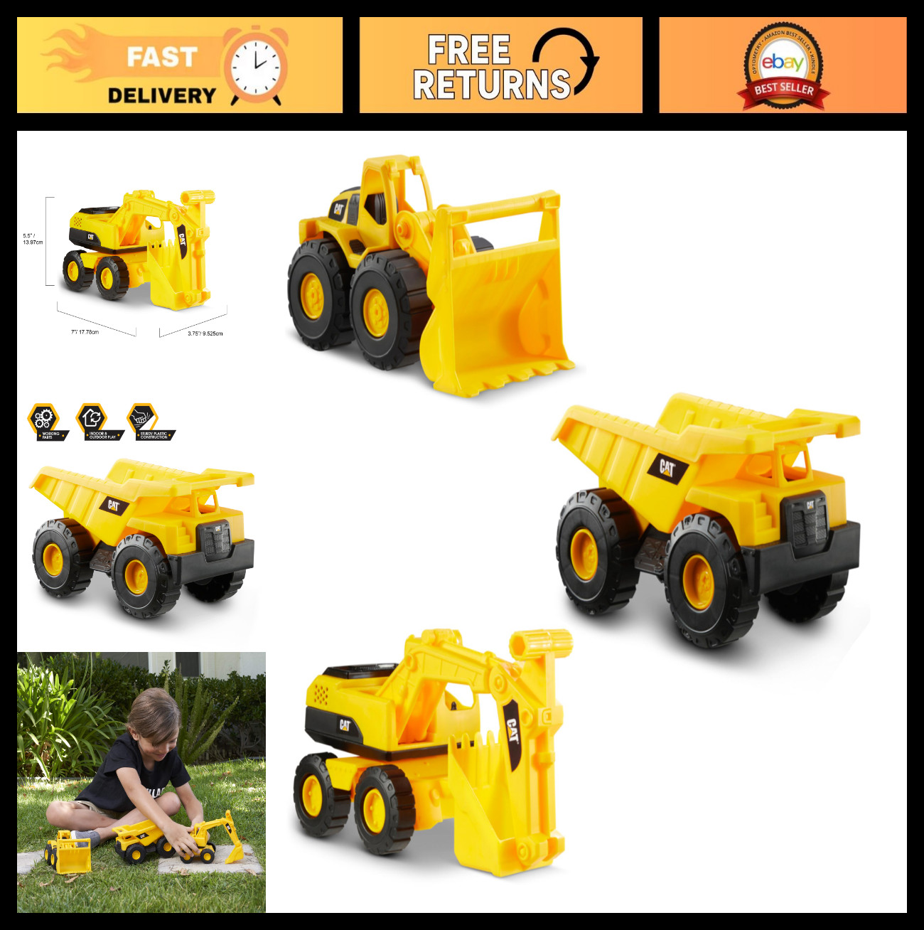 7″ Cat Construction Dump Truck, Loader & Excavator Toy Combo Set – Kids Playset