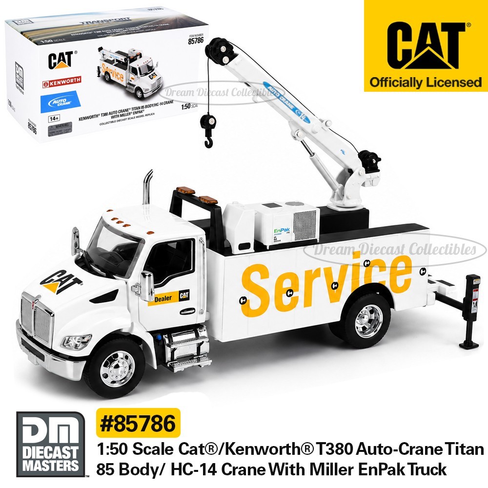 ⭐1:50 CAT KENWORTH T380 AUTO CRANE TITAN 85 SERVICE TRUCK DIECAST MASTERS 85786