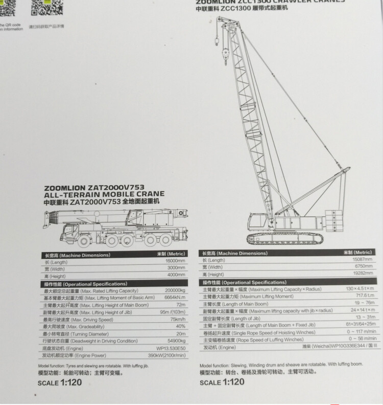 2PC ZOOMLION 1:120 ZCC1300 CRAWLER & ZAT2000V753 ALL TERRAIN CRANE Diecast Model