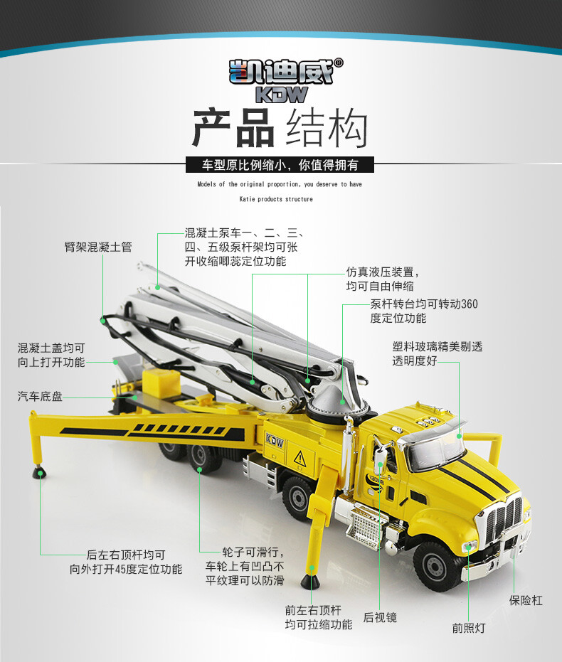 1:55 KDW Concrete Pump Truck Construction Machinery Equipment Diecast Model
