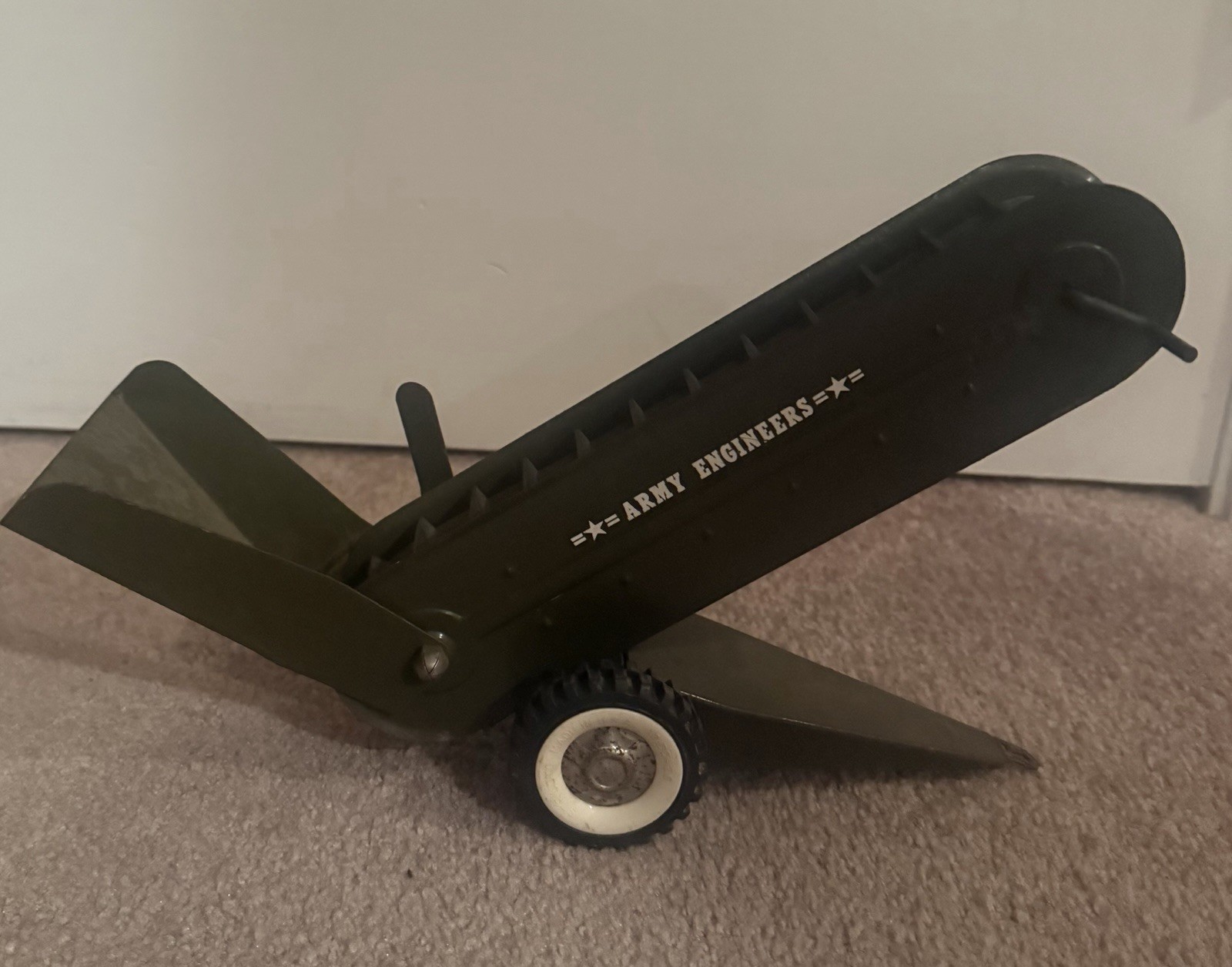 Vintage Diecast Construction Scraper Wagon, Army Engineers Theme, Green