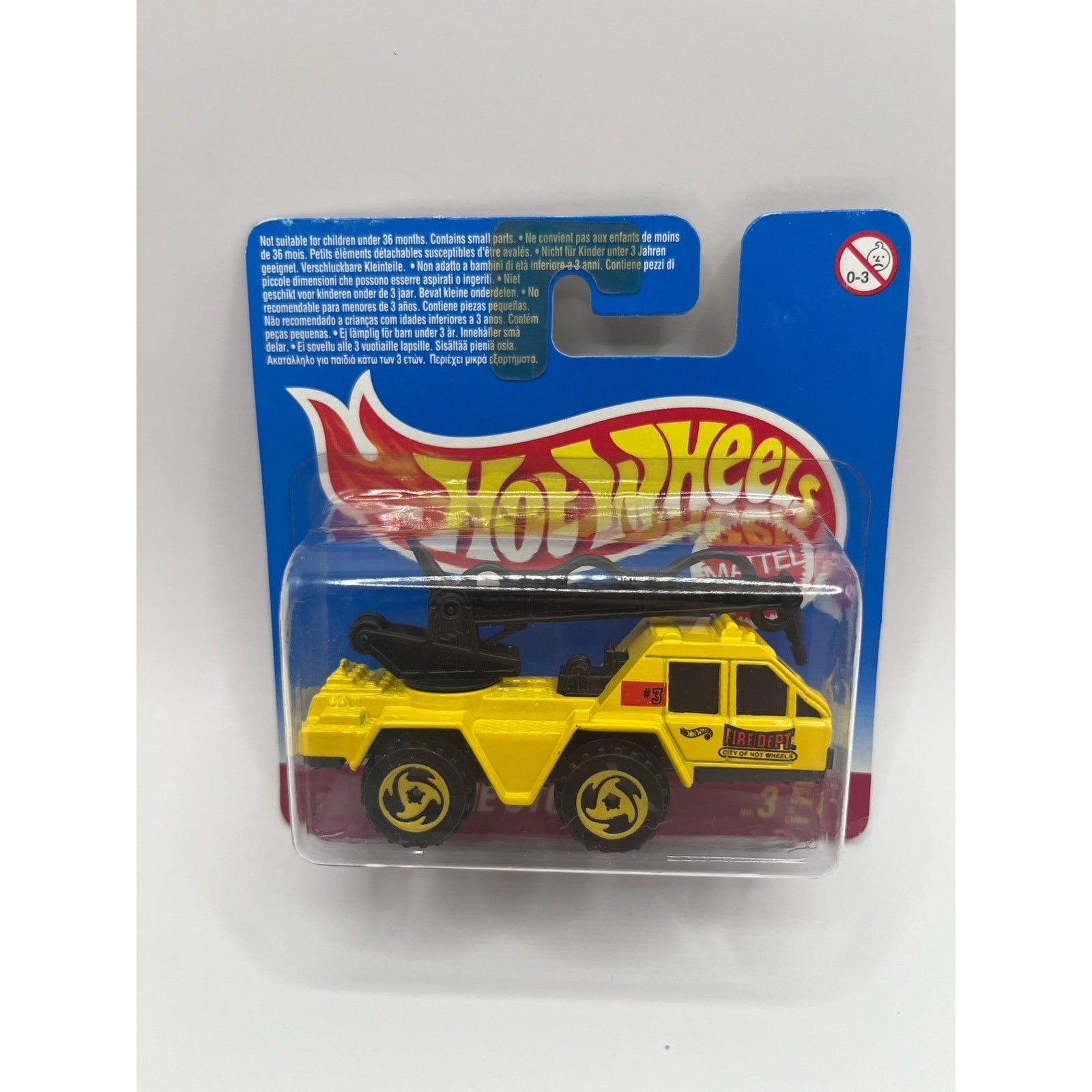 1995 Hot Wheels Fire Dept Crane Truck Yellow Diecast Vehicle Mattel MOC
