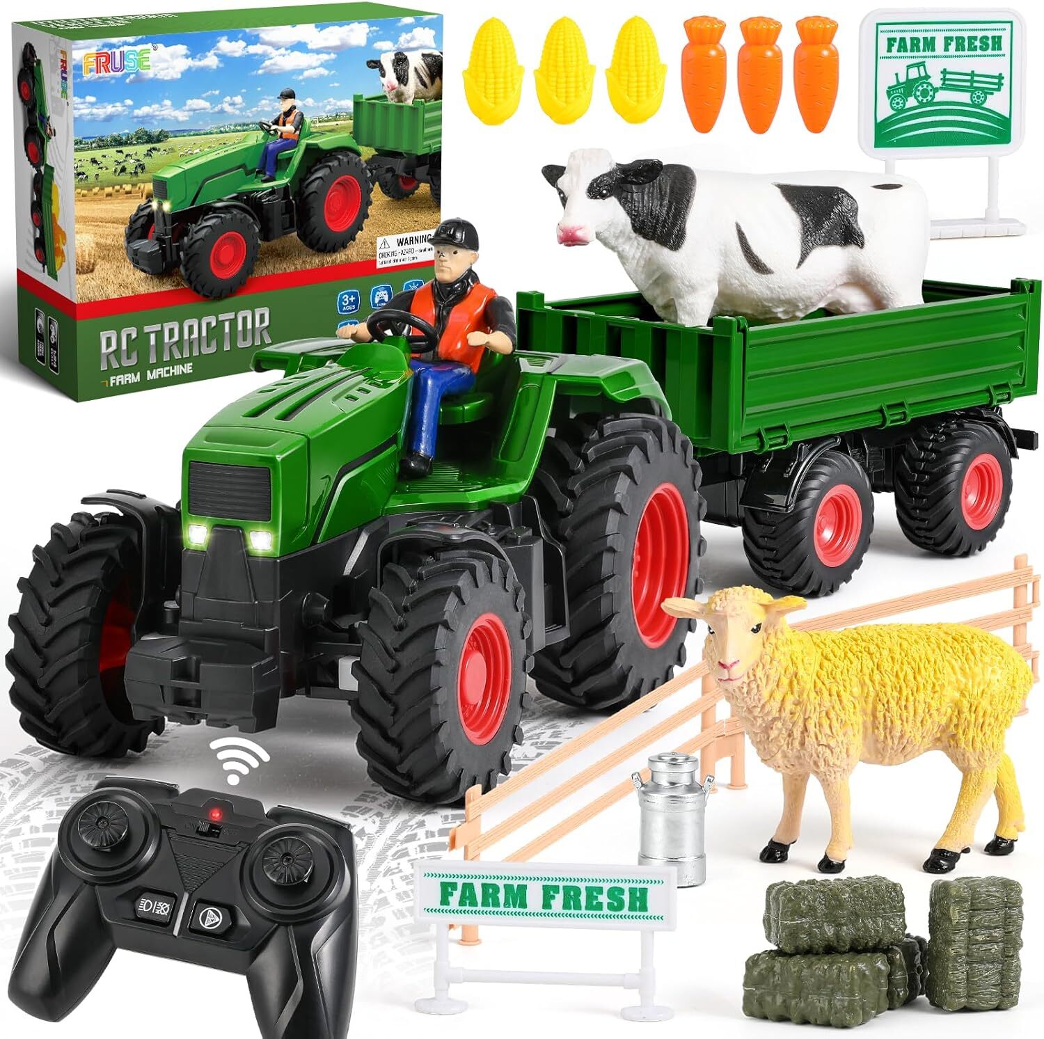 Farm Toy,Remote Control Tractor Toy Set,Loader w/ Animal Transport Toy Cars 3 Up