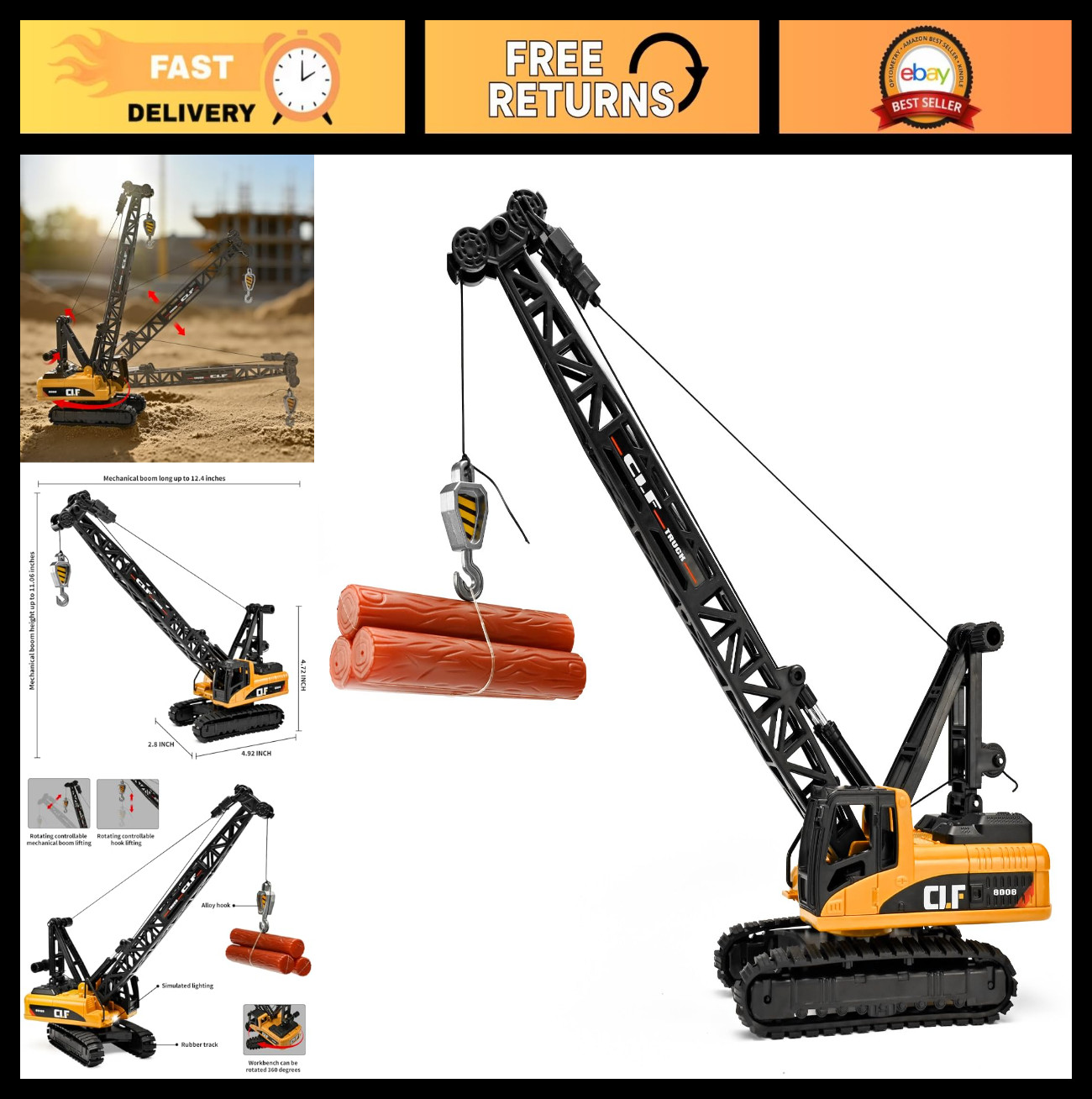 Crawler Crane Toy Truck with Rotating Arm, Lights & Workbench – Ages 4-7