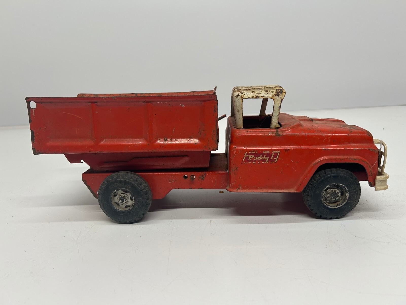Vtg Buddy L c1960s Dump Truck Pressed Steel Toy Car Red 15″