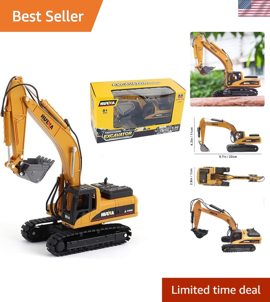 Metal Diecast Excavator Toy for Kids – 360° Rotating Cabin and Realistic Details