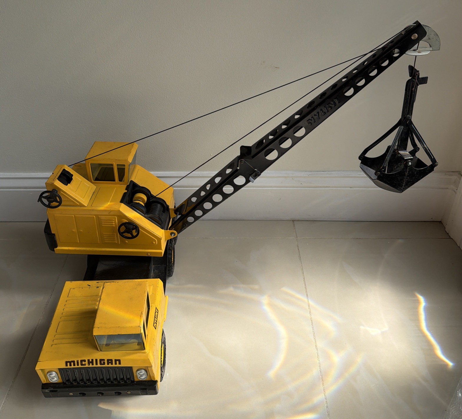 Vintage 1970s Nylint Michigan Crane Truck with Clam Bucket Shovel