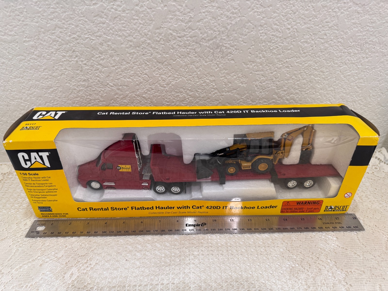1/50 CAT Rental Flatbed Hauler Truck w 420D IT Backhoe Loader Norscot Diecast
