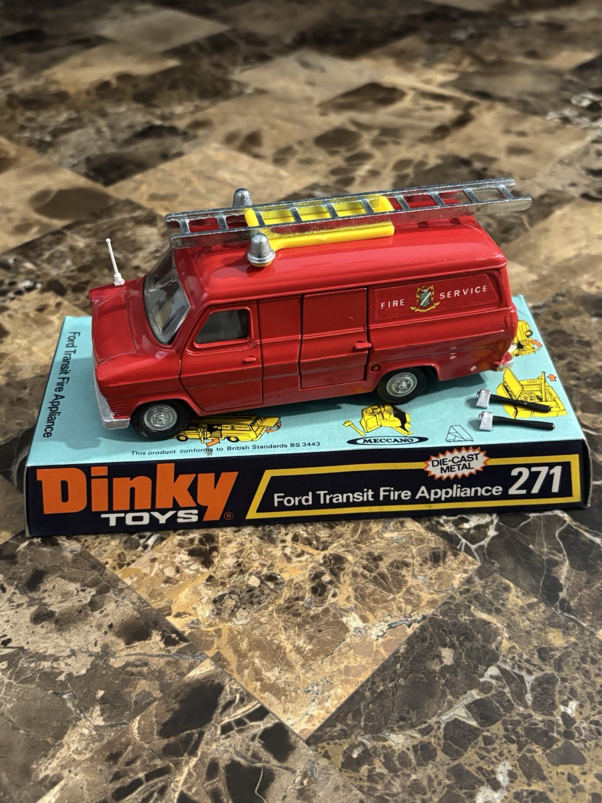 VINTAGE DINKY TOYS DIE-CAST FORD TRANSIT VAN FIRE SERVICES + LADDER