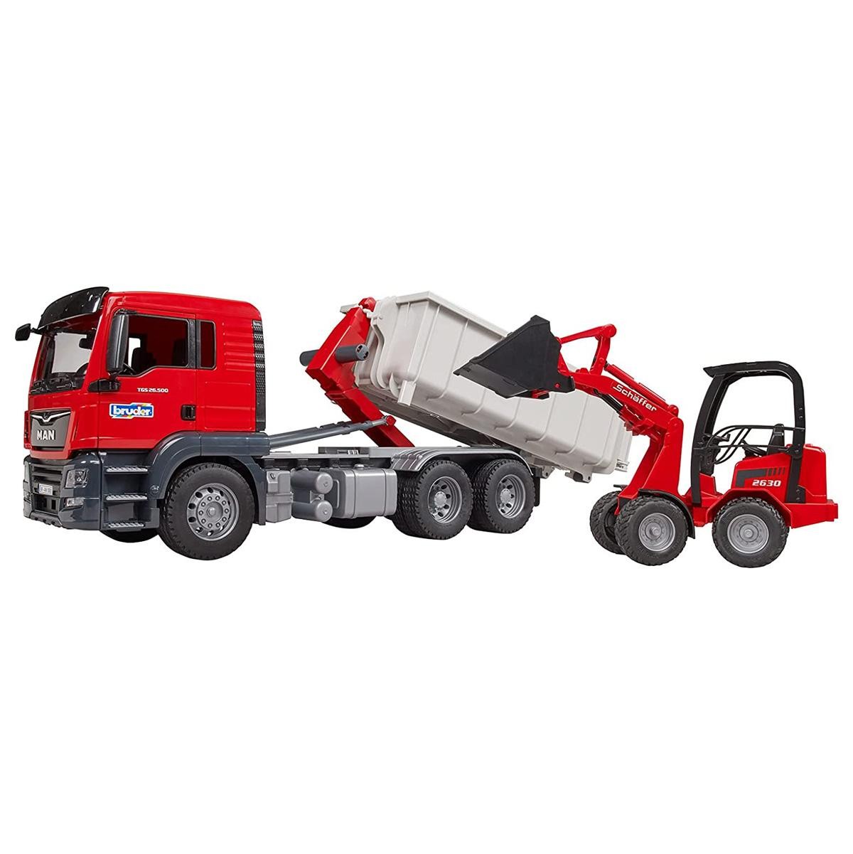 Bruder 1/16 Man TGS Truck w/ Roll Off Container & Schaffer Compact Loader 03767