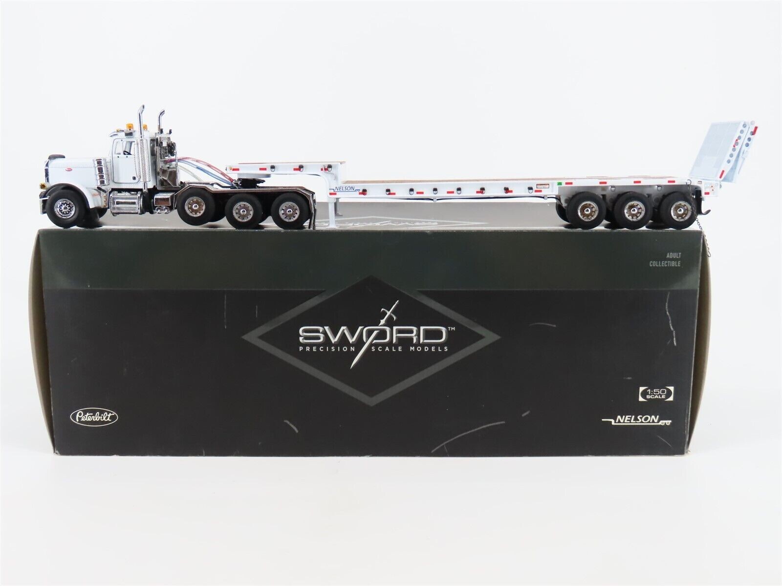 Peterbilt 379 with Nelson Ramp Trailer – White – Sword 1:50 Scale #SW2027-W New
