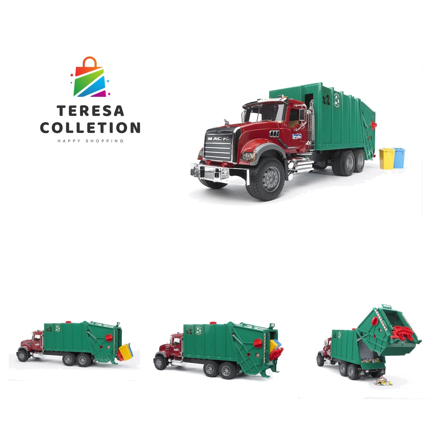 Realistic Mack Granite Rear Loading Garbage Truck for Kids | Ages 4+, Red/Green