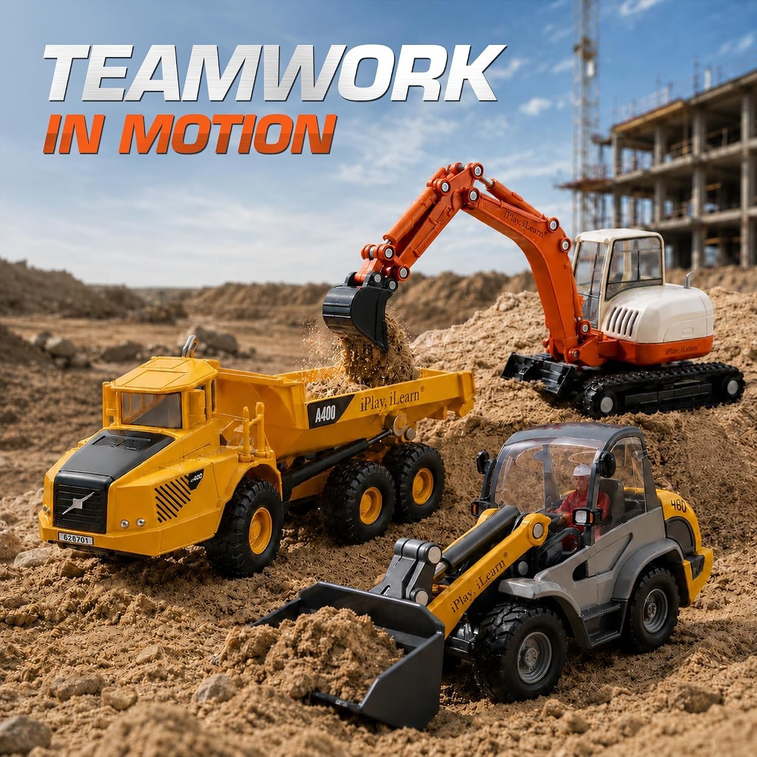 Heavy Duty Construction Site Playset Metal Dump Truck Digger Kids Diecast