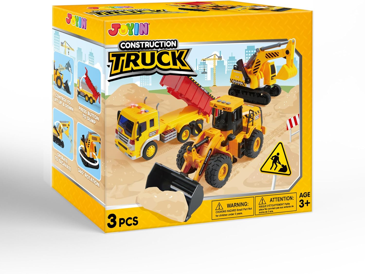 3 Pack Construction Truck Toy Set Excavator Dump Truck Loader Lights Sounds Kids