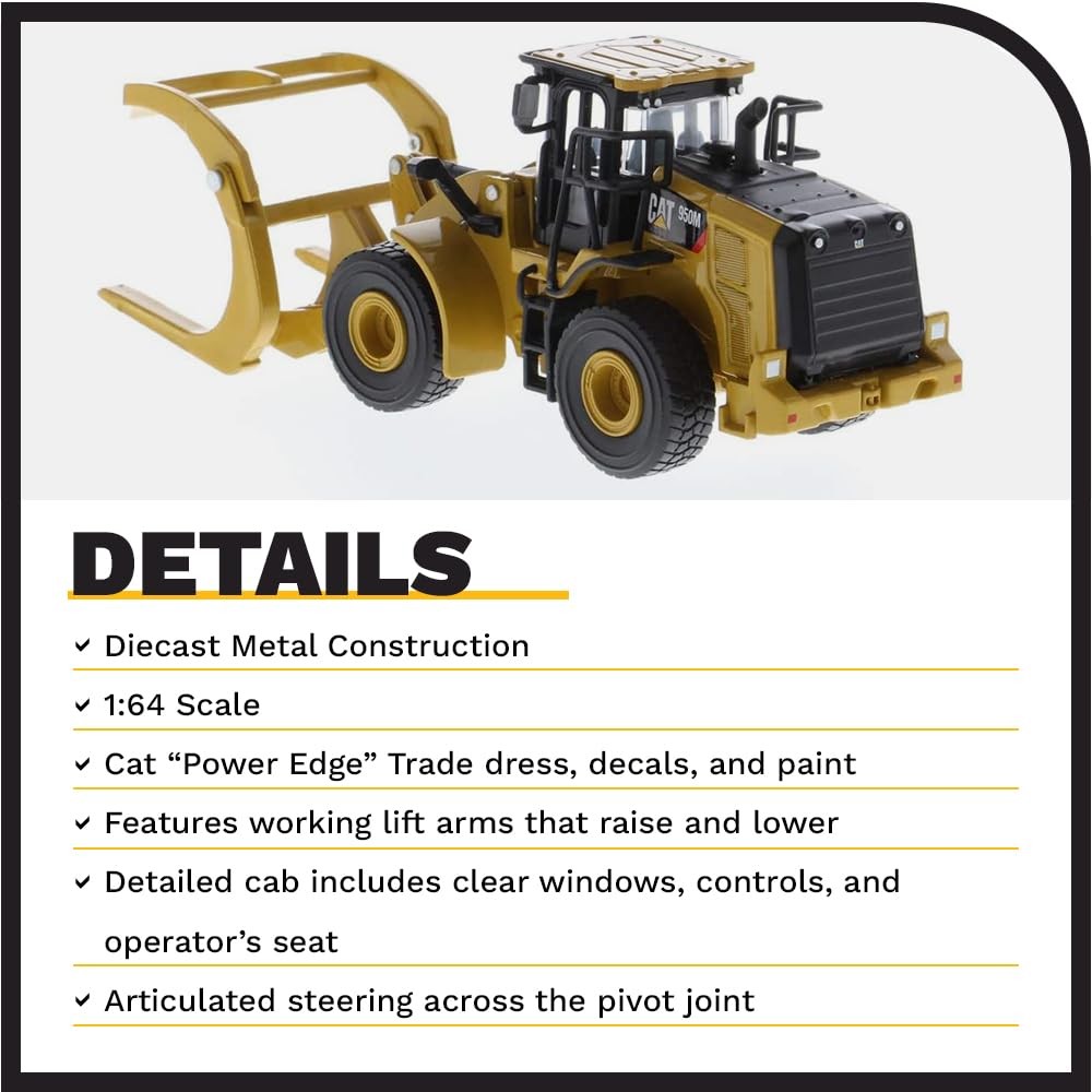 1:64 Cat 950M Wheel Loader with Log Fork + Bucket Attachment (Comes with 2 Log