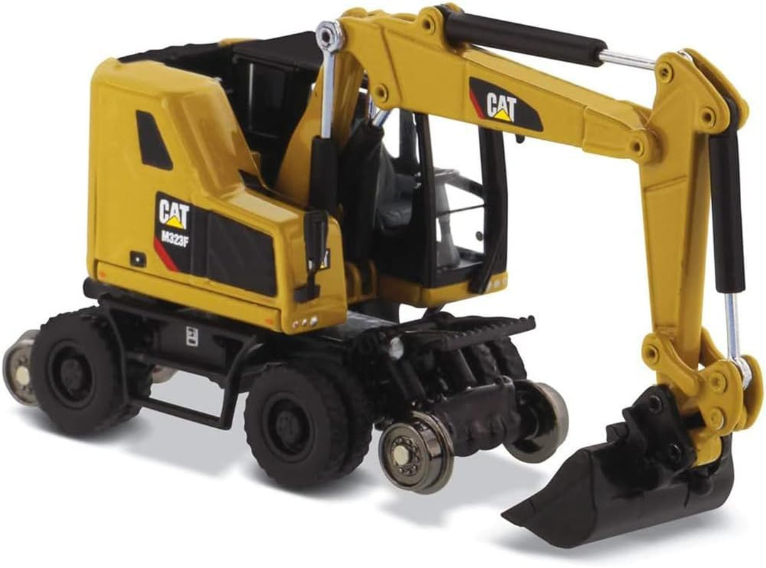 1/87 Caterpillar M323F Railroad Wheeled Excavator, CAT Yellow Version with 3 Too
