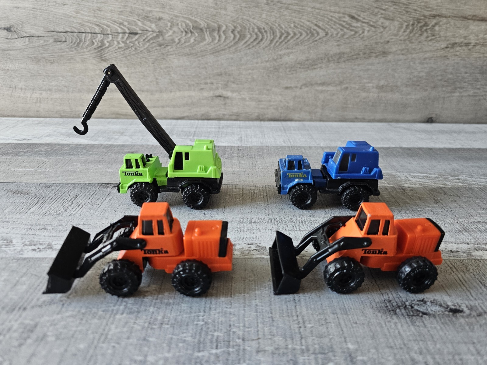 4 Vintage Mini TONKA 1992 Orange & 1994 Green Blue Tractors Trucks Lot