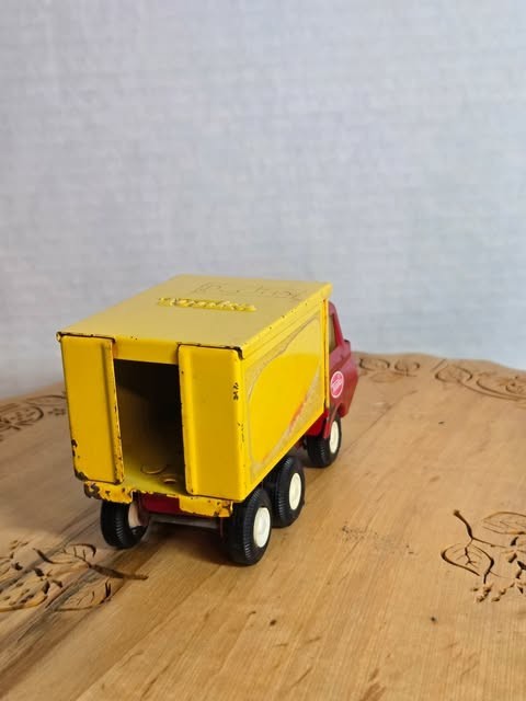 Vintage Tiny Tonka Box Truck is a red and yellow delivery truc