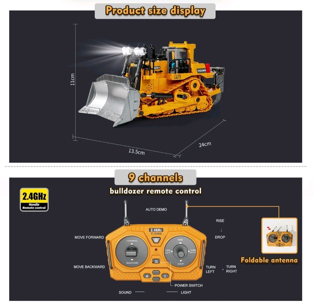 KIDMARKT Metal 9-Channel Remote Control RC Bulldozer Toy Tractor-Lights & Sounds
