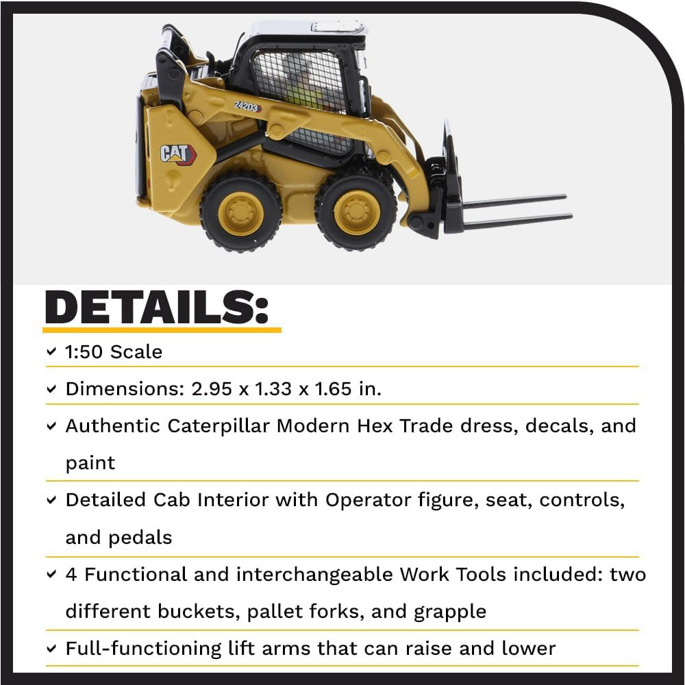 1:50 Caterpillar 242D3 Skid Steer Loader with Attachment Accessories | High Line