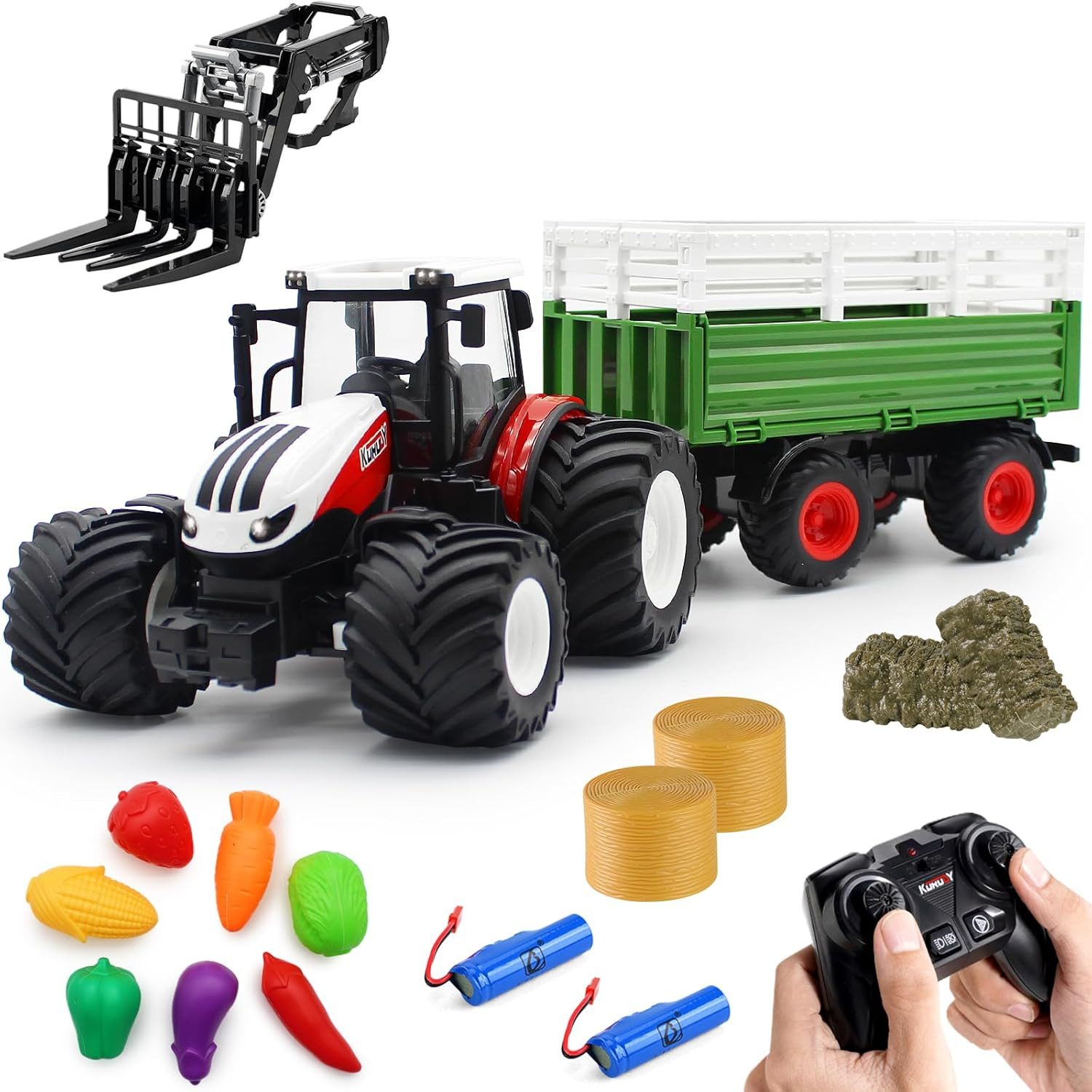 Remote Control Tractor Toy RC Farm Set with Trailer Front Forklift, 1/24 Scale 2