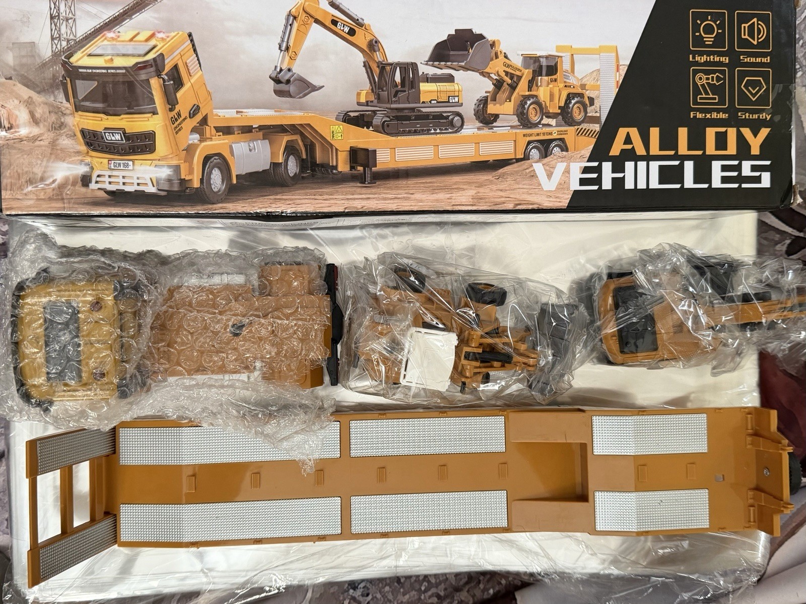 Alloy DieCast Construction Vehicles Toy Set w/Semi Truck, Excavator Loader Open