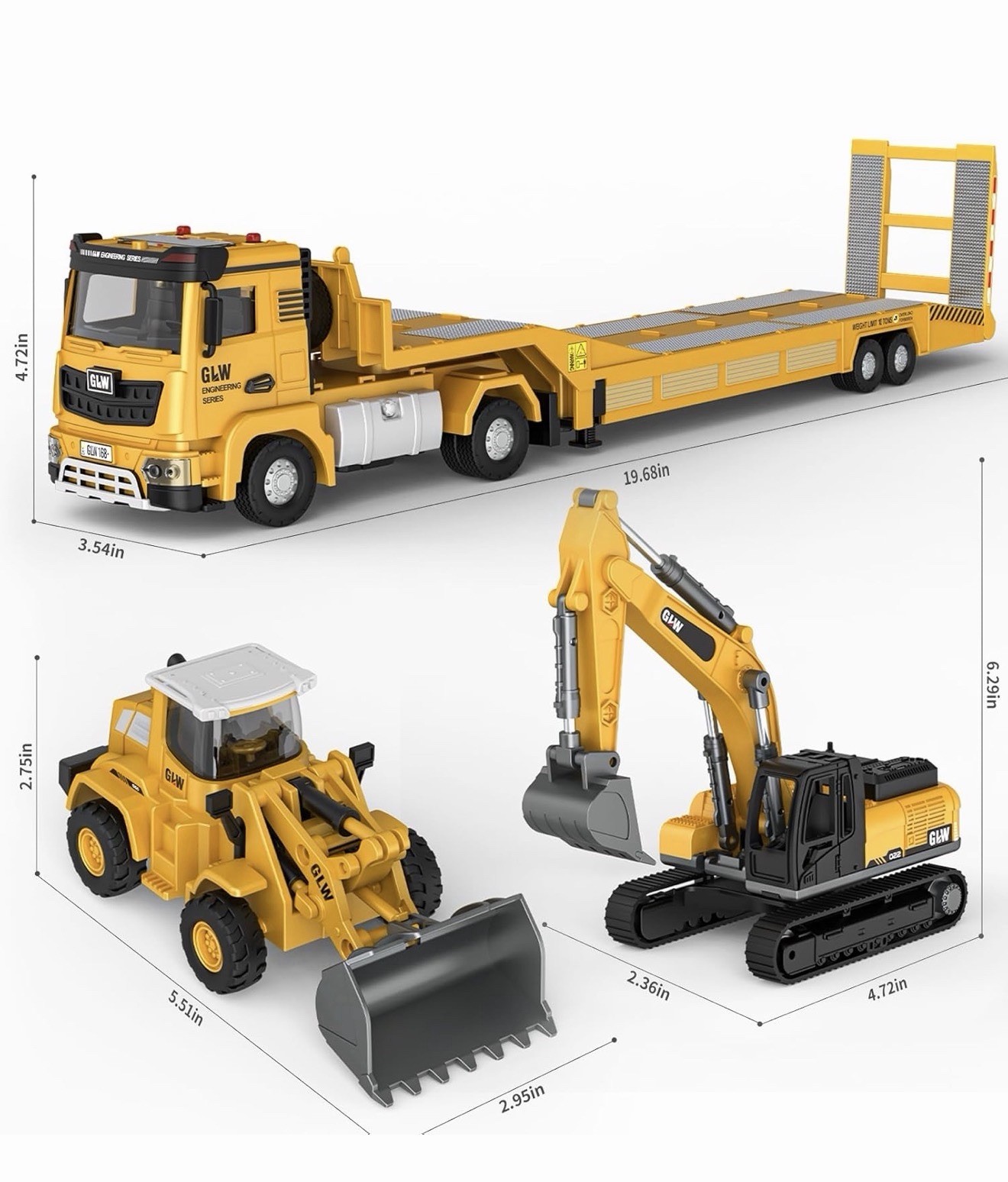 Alloy DieCast Construction Vehicles Toy Set w/Semi Truck, Excavator Loader Open
